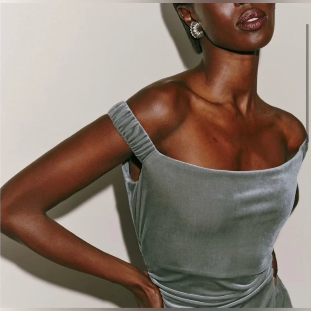 Reformation Ritz Off the Shoulder Dress Grey Velvet NWT size XL - Picture 5 of 6